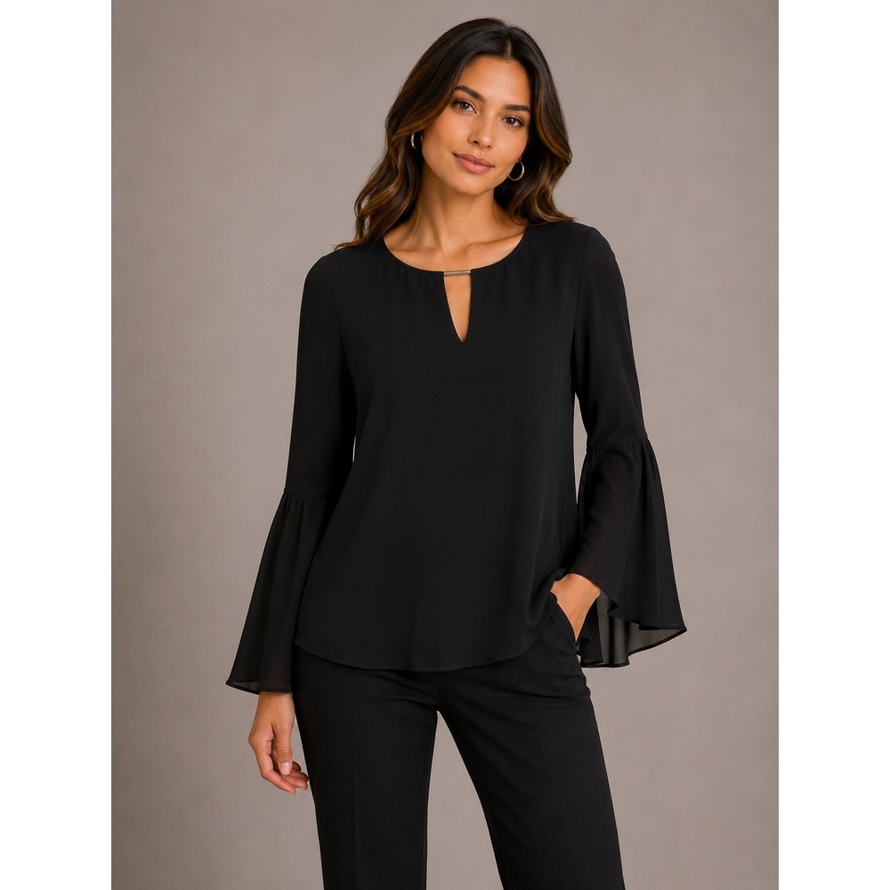 Michael Kors Black Bell-Sleeve Keyhole Blouse